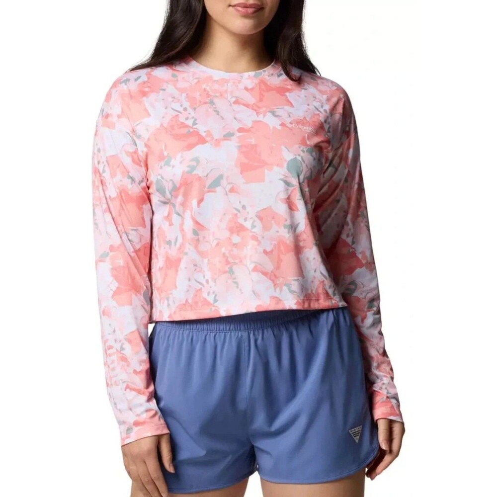 Columbia PFG Super Tidal Long Sleeve Cropped Tee Women's XL Peach Gray EUC
